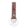 Brown embossed leather keychain with vintage floral texture and silver metal rings - Triple Ring / Brown Embossed