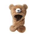 Cute brown bear plush winter hat with integrated scarf and mittens for girls - Kids Bear / Dark Brown