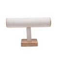 Single-tier T-bar jewelry display stand with beige velvet and wooden accents - Bamboo Wood Beige Suede (Single-Tier)