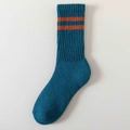 Thick navy blue wool blend crew socks with orange stripes and soft knitted texture - Green