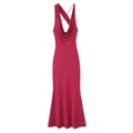 Elegant rose red satin maxi slip dress with cowl neck and cross-back straps on white background - S / Scarlet