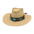 Ethnic wide brim straw cowboy hat with turquoise stone and floral embroidery - One Size / Beige (Wide Leather Embroidery)