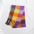 Rainbow plaid mohair scarf in vibrant purple, orange, and yellow with long fringe - 29#