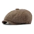 Classic brown tweed newsboy cap for men featuring a vintage textured finish and side buckle - One Size / Coffee