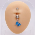 Detail of silver belly ring with blue butterfly pendant on a silicone navel model - Blue Butterfly