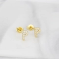 Elegant gold plated letter P stud earring with sparkling cubic zirconia on marble background - Letter P