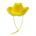 Bright yellow western cowboy hat with fluffy feather trim and adjustable drawstring - Adult Size (58cm) / Yellow
