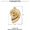 Detail view of a shell pendant with gold stainless steel edges showing 27x17mm dimensions - Spiral Shell - White Shell (YE751-1)