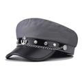Retro graue Kapitänsmütze mit schwarzem Kunstleder-Schirm und silbernem Ankerabzeichen - M (56-58cm) / Grau