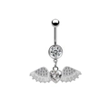 Detailed close-up of a silver belly button ring featuring heart and wing crystal pendants - Silver Rhinestone Wing Heart