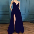 Elegant deep blue sequined evening gown with sexy V-neck, spaghetti straps and high slit - L / Navy Blue
