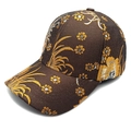 Detail of floral embroidery on a dark brown baseball cap with golden leaf patterns - M (56-58cm) / Coffee
