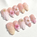 Unghie finte artigianali fiori 3D con sfumature rosa e perle per donne - Stile Floreale Farfalla 3D Macaron (3XB1-14042)
