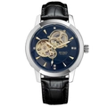 Men's automatic mechanical watch with silver case, blue hollow dial and black leather strap - Silver Case Black Dial (Black Leather Strap)