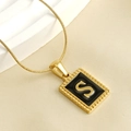 18K gold plated square pendant necklace with black enamel and letter S on snake chain - Letter S