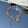 Pink and clear beaded bracelet with silver butterfly charm on a reflective mirror - S042-pink Crystal Butterfly Bracelet #sz303