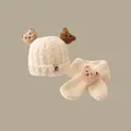 Detail of baby winter hat and scarf set with cute bear ears in cream fleece fabric - Set Of Three Beige Bears (for Children Aged 2 Months To 2 Years)