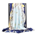 Deep blue and yellow satin square scarf with shell floral print hanging on a black rack - 90x90cm / 9# Blue Shell Flower