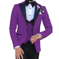 Three-piece purple men's business suit with matching vest, black pants and white shirt - Purple