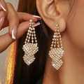 Elegant gold-plated long tassel earrings with sparkling white crystals worn by a model - Gold Full Rhinestone Long Tassel Style (DTE1616214GL-W)