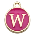 Pink enamel letter W charm with golden metal border for DIY jewelry making and bracelets - Letter W Pendant Only (Without Chain) / 1 Piece (12x14mm) / Rose Red