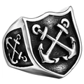 Men's vintage titanium steel ring with shield shape and nautical twin anchors relief - US 10 / Double Anchor Shield Ring