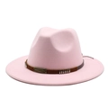Detail of pink fedora wool hat with brown studded band and vintage metal buckle - M(56-58cm) / Pink