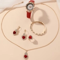 Golden 5-piece jewelry gift set with red heart gems and leather strap quartz watch - Red (orange Box)