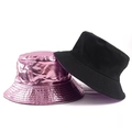 Futuristic pink laser metallic and classic black PU leather bucket hat for women - M (56-58cm) / Pink