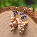 Handmade enamel grape earrings with natural baroque pearls in a vintage floral design - Grape Cluster Ear Hooks