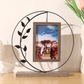 Retro-Eisen-Fotorahmen mit schwarzem Metallbogen, Blattdetail und Holzsockel - Blatt / Schwarz