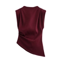 Wine red sleeveless pleated top with asymmetrical hem and glossy silk texture - XS / Dark Red