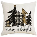 Funda de cojín navideña de lino con tres árboles y texto Merry & Bright sobre fondo blanco - Estilo Árbol de Navidad Blanco / 45*45cm (Sin Relleno)