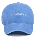 Close-up of it is what it is embroidery on sky blue washed cotton baseball cap - Adjustable / Light Blue