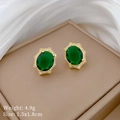 Close-up of emerald green oval earrings with gold trim and weight parameters - Emerald Oval Silver Needle Stud Earrings (D330)