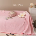 Pink waffle texture sofa blanket with tassel edges in a cozy living room setting - 90*90cm / Pink