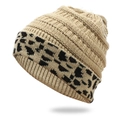 Beige leopard print cuffed beanie hat for women featuring warm winter knit texture - One Size / Light Khaki