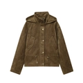 Chaqueta con capucha marrón oliva efecto ante con botones plateados y dobladillo ajustable - XS / Marrón Oscuro