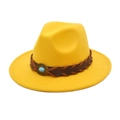 Detail of yellow wool fedora hat featuring a brown leather band and turquoise stone accent - M (56-58cm) / Yellow