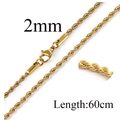 Golden 2mm twisted rope chain necklace made of stainless steel with 60cm length and lobster clasp - 2mm/60cm / Gold