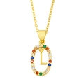 Macro detail of gold-plated pendant with rainbow cubic zirconia and letter L - L