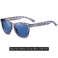 Polarized sunglasses with blue patterned frame and ocean blue lenses in a stylish square shape - Blue Meander Pattern / Ocean Blue Lens