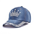 Dark blue denim baseball cap featuring sparkly rhinestone crown and brim decorations - 51-Pearl Crown-Medium Blue