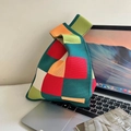 Knitted tote bag featuring colorful patchwork patterns and a unique knotted handle design - Green Checkered