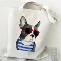 White canvas tote bag featuring French Bulldog in striped shirt and red sunglasses - Bulldog with Vest & Sunglasses (H)