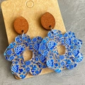 Close-up of modern acrylic floral earrings with wooden studs on a jewelry card - Blue Floral (Style 1)