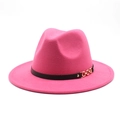 Detail of rose pink wool fedora hat with black leather strap and gold chain buckle - M (56-58cm) / Rose Red