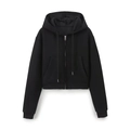 Detail shot of black cropped zip-up hoodie featuring kangaroo pockets and ribbed cotton knit - XS / Black Top