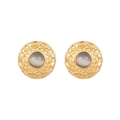 Boucles d'oreilles rondes dorées avec pierre œil-de-chat et motif géométrique texturé - E1483 Clous Circulaires Oeil de Chat Gris
