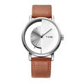 Detailed close-up of a TOMI watch featuring a brown leather strap and dual-tone dial - Silver Case Brown Strap White Dial (5730155671779)